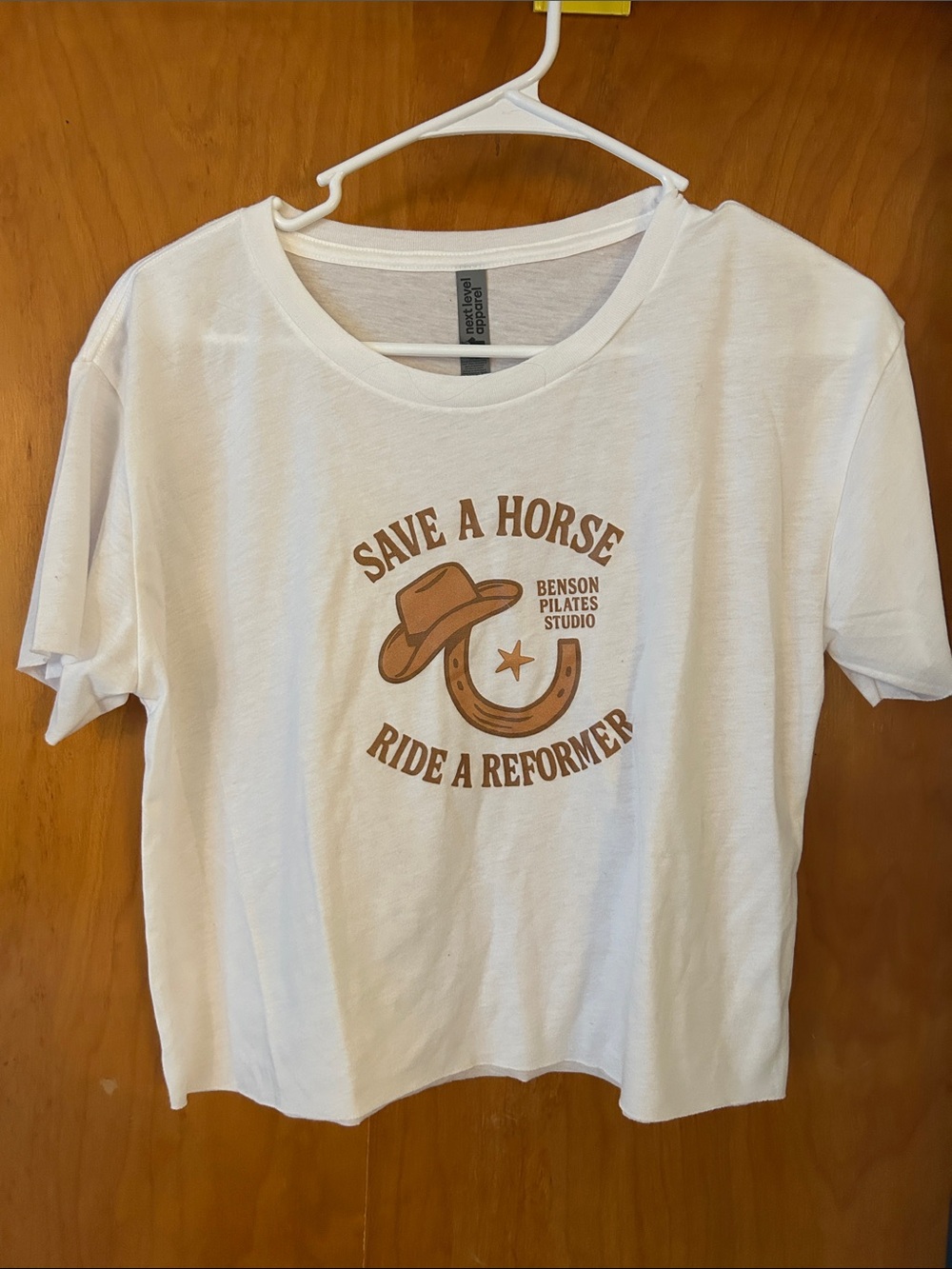Next Level Apparel White Tee with Brown Graphic "Save a Horse"
